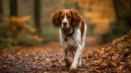 A dog walks along a forest path surrounded by colorful autumn leaves. The wet fur glistens as the dog enjoys the damp fresh air of the woods.の素材