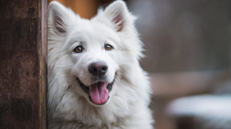 A cheerful white Samoyed dog displays a friendly smile while leaning against a wooden post. The scene is bright and captures the joy of the moment outdoors.の素材