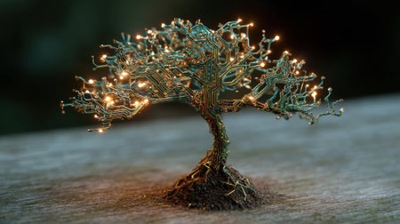 A stunning tree sculpture shines with soft lights blending technology and nature beautifully on wood.の素材