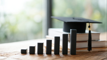 A graduation cap rests on a stack of books beside a growth chart made of blocks. This scene symbolizes academic success and the journey of education highlighting achievement.の素材