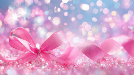 A delicate pink ribbon is gracefully curled on a sparkling glitter surface. Soft bokeh lights create a cheerful and festive atmosphere perfect for celebrations.の素材