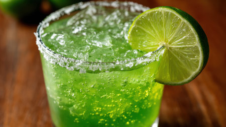 A cool green drink bubbling with fizz sits on a wooden table garnished with fresh lime.の素材
