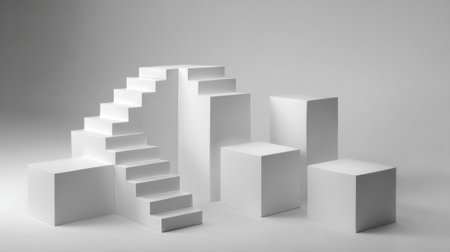 In a clean modern space various white cubes and steps are arranged artistically creating a minimalistic look. The setup emphasizes shapes and shadows in soft neutral tones.の素材