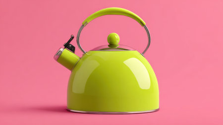 A vibrant green kettle sits on a pink surface showing its glossy finish and sleek design. This cheerful setting adds a modern touch to any kitchen.の素材