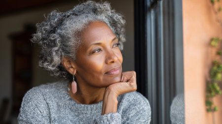 A woman with gray curly hair rests her chin on her hand while looking thoughtfully out the window enjoying a peaceful moment at home in the afternoon.の素材