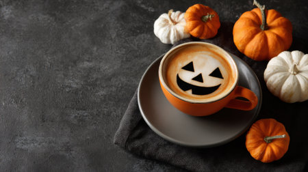 A warm cup of pumpkin spice latte sits on a gray plate beside festive mini pumpkins.の素材