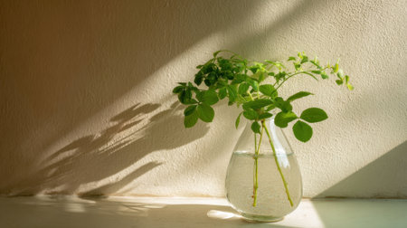 Soft morning light highlights fresh green plant stems in a clear vase. The sunlight creates delicate shadows on the wall enhancing the peaceful atmosphere of the scene.の素材