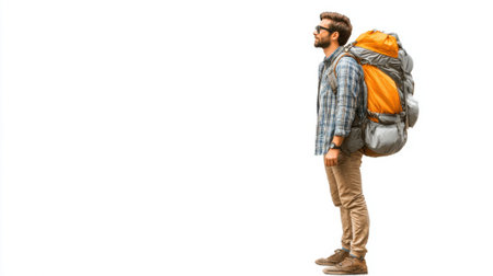 Young traveler stands still with a large backpack ready for an exciting adventure in nature.の素材