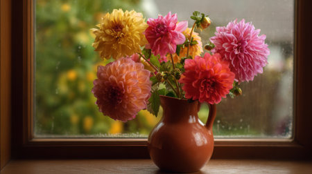 Brightly colored dahlia flowers sit in a terracotta vase on a windowsill. The rain falls outside creating a cozy atmosphere with soft outdoor light.の素材
