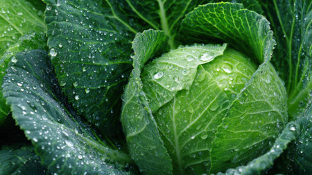A vibrant green cabbage sits nestled among large textured leaves. Water droplets sparkle in the early morning light highlighting the freshness of the vegetable in a garden.の素材