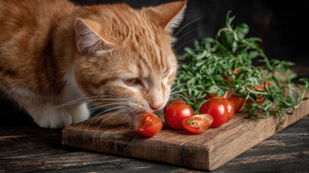 A playful orange cat inspects ripe red tomatoes on a wooden board surrounded by herbs.の素材