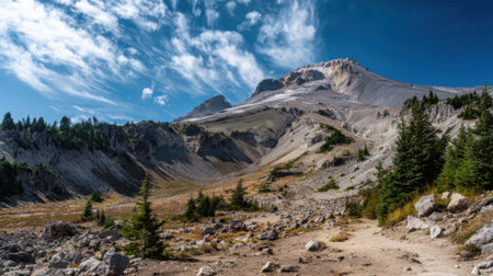 A breathtaking landscape showcases a towering mountain peak with rocky slopes and patches of forest under a clear blue sky highlighting natures beauty in a tranquil setting.の素材