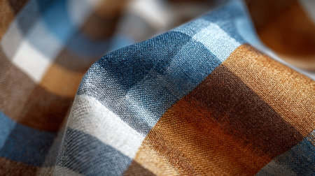 A close-up view reveals a textured textile with an intricate checkered design featuring blue and brown tones. The fabric has a soft drape illuminated by natural light showing its detailed weave.の素材