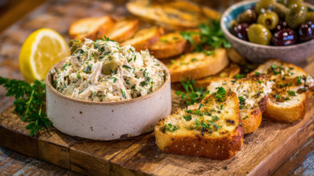 A flavorful spread made with herbs is presented in a bowl alongside toasted bread slices and a selection of green and black olives. Fresh parsley and lemon add a vibrant touch.の素材