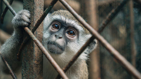 A small monkey with big eyes looks through the gaps in a cage at a wildlife sanctuary showing curiosity and a longing for freedom in daylight.の素材