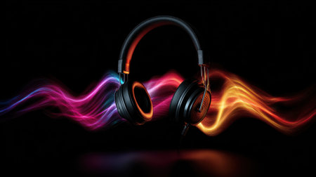 Black headphones surrounded by colorful waves of light create a dynamic energy in the dark.の素材