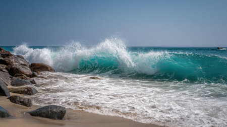 Large turquoise waves crash against rocky shores while sunlight sparkles on the water. The beach has soft sand and clear skies creating a serene atmosphere.の素材