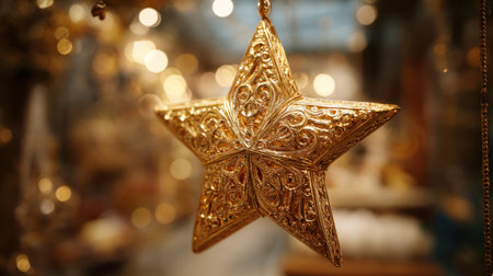 The golden star sparkles in a lively market surrounded by twinkling lights and intriguing items.の素材