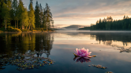 A serene lake at sunrise with a pink water lily floating peacefully surrounded by lush trees.の素材