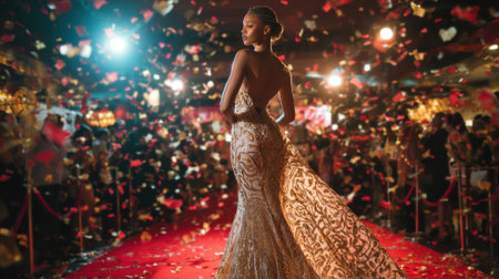 A stunning model walks the red carpet showcasing intricate gown details amidst falling petals and vibrant lights.の素材