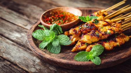 Juicy grilled chicken skewers are arranged with a spicy dipping sauce and fresh mint leaves creating a mouthwatering scene.の素材