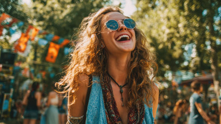 A cheerful woman with curly hair and sunglasses laughs joyfully while enjoying a lively outdoor festival.の素材