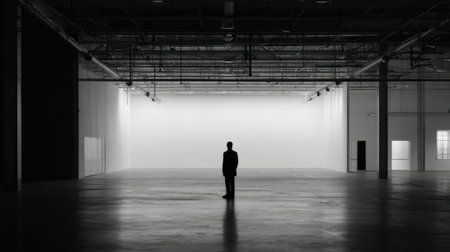 A lone figure stands still in a large empty warehouse surrounded by stark white walls and minimal lighting. The scene conveys a sense of solitude and contemplation in a spacious environment.の素材