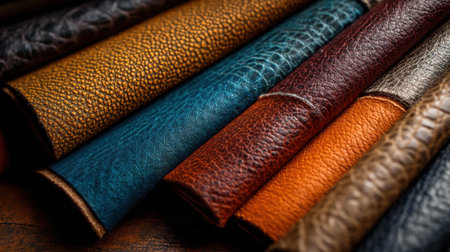 Various pieces of leather in different colors and textures are arranged neatly. The collection highlights the fine craftsmanship and diversity ideal for making stylish goods.の素材