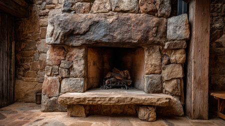 Warm light spills from a stone fireplace in a charming cabin living room inviting relaxation.の素材