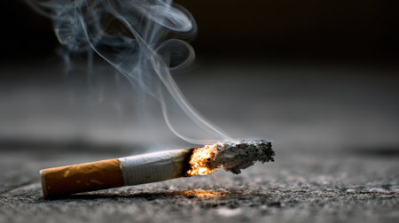 A lit cigarette rests on the ground glowing at the tip while smoke gently rises into the air. The background is dark creating a moody atmosphere.の素材