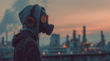A lone figure stands on a rooftop wearing a gas mask as urban factories emit smoke during sunset.の素材
