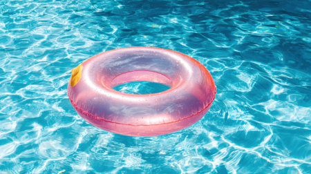 A vibrant pink float rests peacefully on sparkling blue water reflecting sunlight on a sunny day.の素材