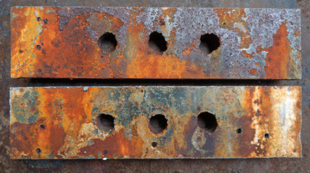 Two rusty metal blocks sit on a textured surface highlighting their faded colors and multiple holes. The weathered appearance reflects years of exposure to the elements.の素材