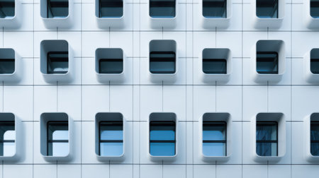 Clean white facade showcases an interesting arrangement of square windows. The design blends contemporary style with functional elements creating a unique look.の素材