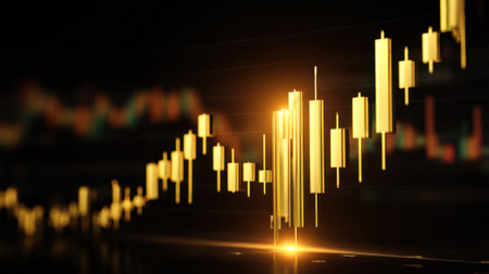 Candlestick chart displays golden bars illustrating market movements during late trading hours.の素材