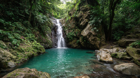 A beautiful waterfall flows down rocky cliffs into a clear turquoise pool. Surrounded by rich green foliage the scene offers calmness and natural beauty perfect for relaxation.の素材