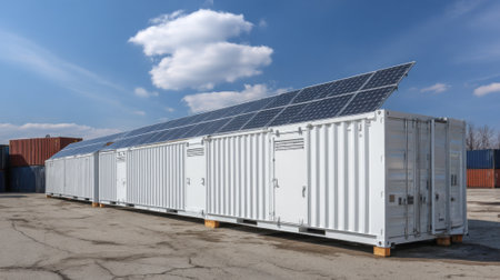 Solar panels are mounted on shipping containers at an industrial location. The setup aims to harness renewable energy efficiently. The sky is clear with a few clouds.の素材