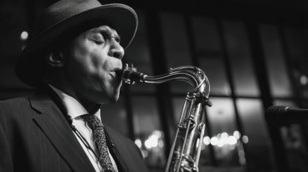 Musician plays the saxophone passionately creating enchanting sounds during a vibrant night.の素材