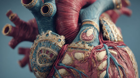 An artistic representation of a human heart highlighting its complex structure and vivid colors.の素材