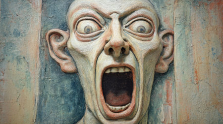 A striking sculpture features a large open-mouthed face expressing intense emotion. The artwork showcases detailed features against a textured background creating a powerful visual impact.の素材