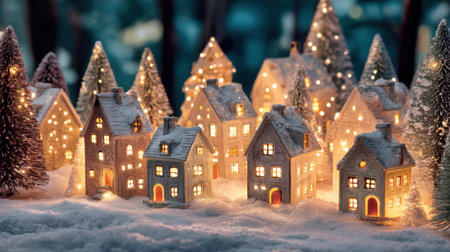 A charming Christmas village is set in a snowy landscape with glowing houses. Trees with lights surround this festive scene creating a warm inviting atmosphere during winter nights.の素材