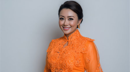 A smiling woman showcases her beautiful orange traditional dress adorned with intricate details and standing confidently.の素材