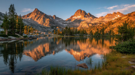 Stunning mountain peaks glow as they reflect in a tranquil lake surrounded by lush trees.の素材