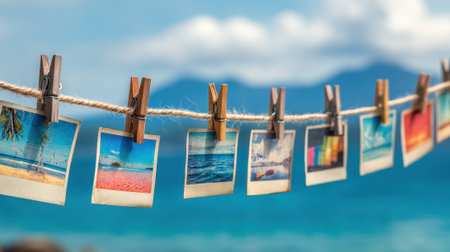 Bright photographs of beach scenes hang on a line capturing joyful summer moments by the sea.の素材