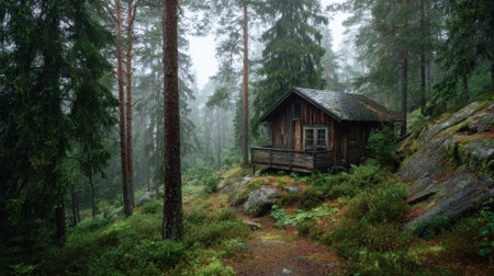 A charming wooden cabin stands surrounded by lush greenery and tall trees in foggy weather.の素材
