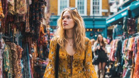 A young woman walks through a lively market admiring the beautiful floral garments hanging around her.の素材