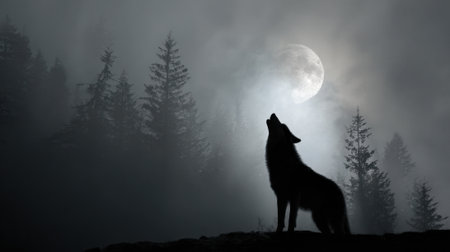 A lone wolf howls to the full moon surrounded by a misty forest under a starry sky.の素材