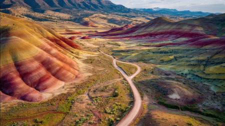 Colorful hills showcase shades of red yellow and brown in eastern Oregon. A winding road meanders through this unique geological marvel surrounded by mountains.の素材