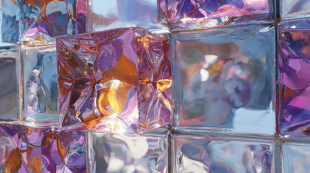 Bright and colorful ice cubes arranged together showcase their distinct colors as sunlight shines through them creating a lively atmosphere at an outdoor event.の素材