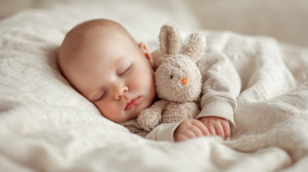 A serene baby sleeps soundly while hugging a plush bunny creating a heartwarming scene.の素材